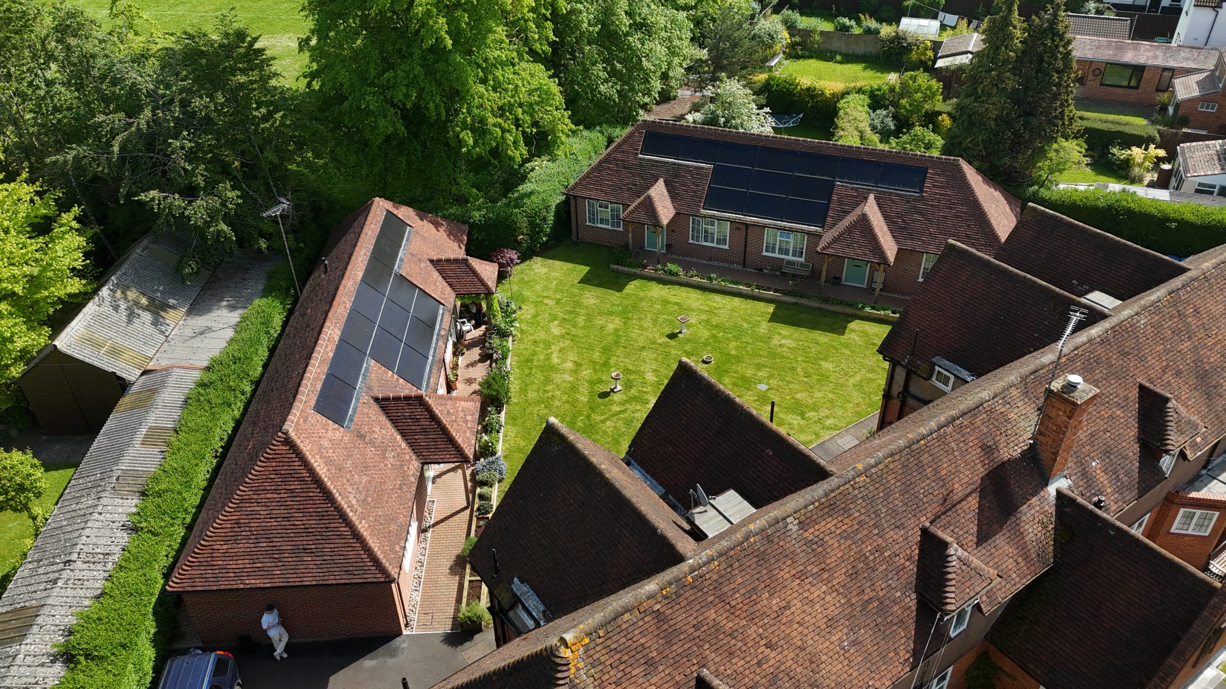 Drone shot of Hays Cottages in Cheltenham with solar panels